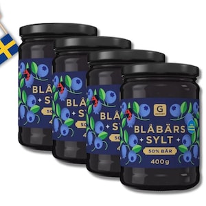 4 Jars Garant Blueberry Jam - 50% Berries, 400g (14.10 oz) - Classic Swedish Blueberry Jam