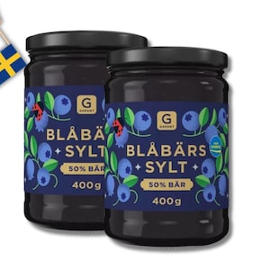 2 Jars Garant Blueberry Jam - 50% Berries, 400g (14.10 oz) - Classic Swedish Blueberry Jam