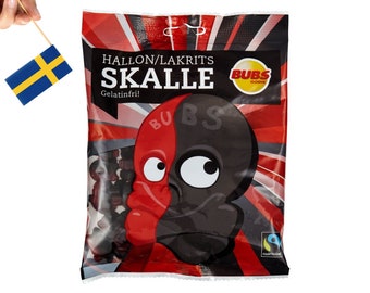 1 Bag of Bubs Hallon/Lakrits Skalle 190g (6.70 Oz), Raspberry and licorice candy, skull candy, swedish candy, swedish food, fika