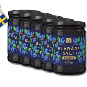 5 Jars Garant Blueberry Jam - 50% Berries, 400g (14.10 oz) - Classic Swedish Blueberry Jam