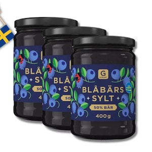 3 Jars Garant Blueberry Jam - 50% Berries, 400g (14.10 oz) - Classic Swedish Blueberry Jam