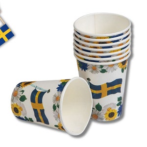 Bicchieri di carta svedesi da 16 cm, set da 8 pezzi, bicchieri di carta svedesi, bicchieri per feste, festa di mezza estate svedese, stoviglie svedesi, bandiera svedese e fiori
