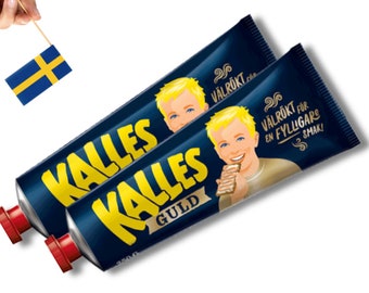 2 tubi Kalles Kaviar Guld 250 g (8,81 oz.), Kalles Kaviar Light svedese, crema spalmabile di uova di merluzzo affumicato, prodotto in Svezia, cibo, oro