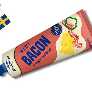 1 Tube of Fjällbrynt Bacon Mjukost 250g (8.81 Oz), Swedish bacon cheese spread, soft cheese, bacon spread, bacon dip, swedish food