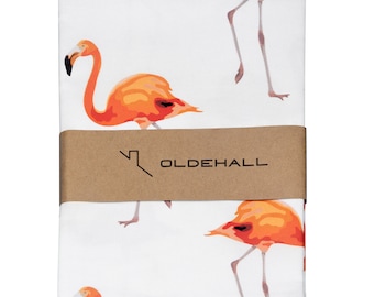 May include: White kitchen towel with a repeating pattern of pink flamingos. The towel has a brown label with the text "OLDEHALL" printed on it.