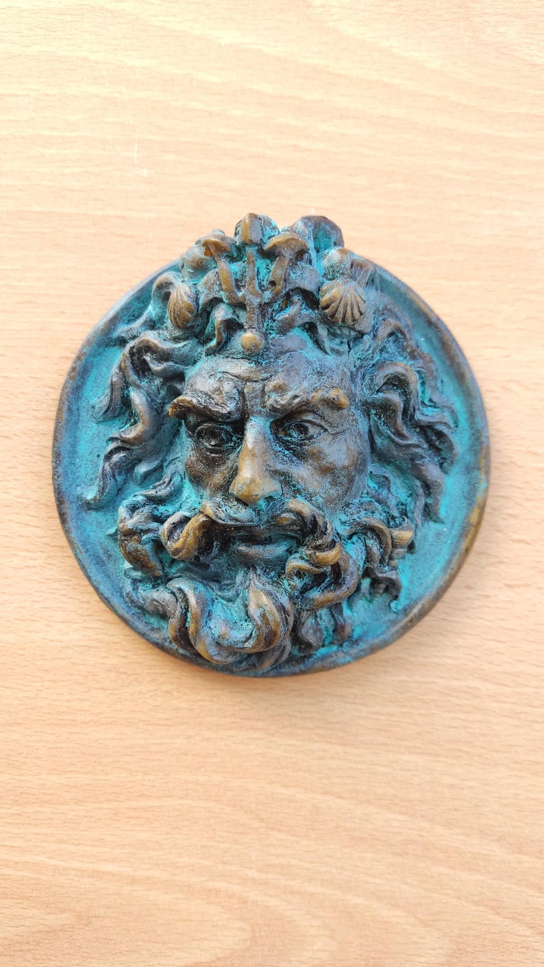 medal of the god Neptune / Poseidon, roman and greek decoration, roman Pharela for historical reenactment. Classic relief for your home image 1