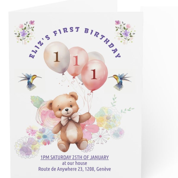 Digital birthday invitation, teddy bear, personalised children birthday, mobile invite, e-card, digital print