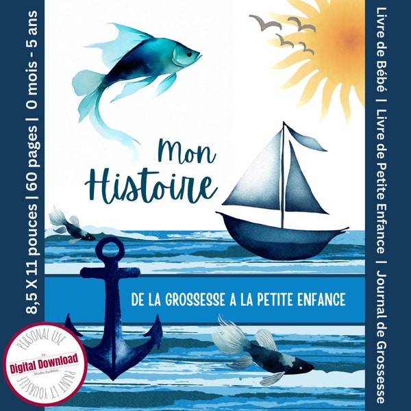 Numérique Livre de mémoire de bébé sur le thème de la mer, livre de mémoire de naissance sur le thème du poisson, Imprimer à la maison