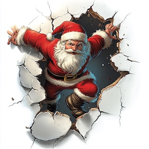 May include: A cartoon illustration of Father Christmas breaking through a cracked white wall. He is wearing a red suit with white trim, a white beard, and a red hat. He is looking at the viewer with a determined expression.
