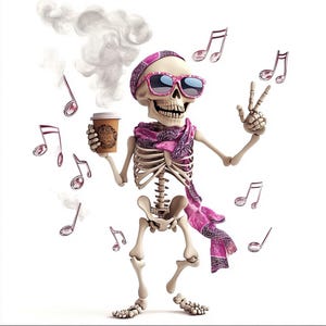 May include: A cartoon skeleton wearing a pink bandana and sunglasses holds a cup of coffee and makes a peace sign. Musical notes float around the skeleton.