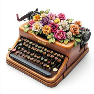 Floral Typewriters Watercolor Clipart, 10 png,jpjs Bundle, Vintage Typewriter Images Flower, Decors, Junk jornals, Commercial Use, Walart