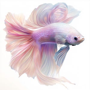 May include: A pink and white betta fish with long, flowing fins. The fish is swimming in a white background.
