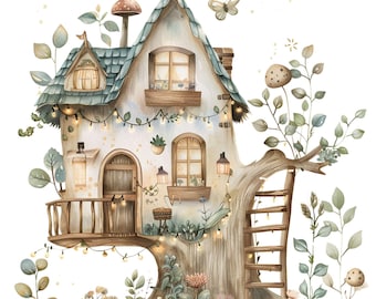 Fairy Floral House Watercolor Clipart: Printable Fantasy Home (Digital Download)