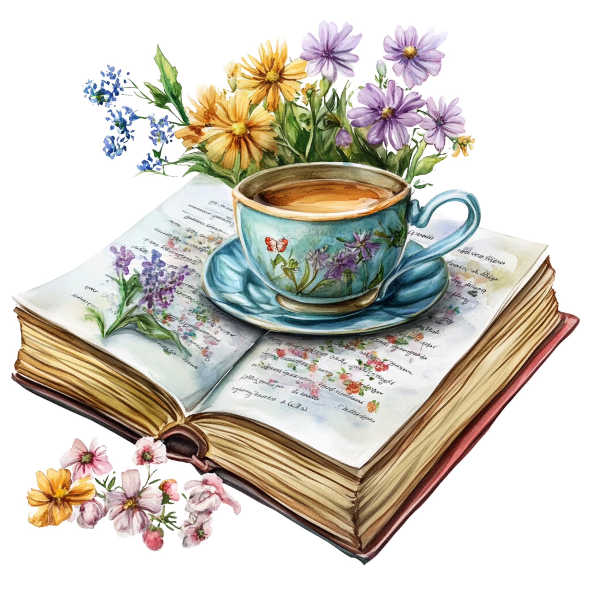 Watercolor Floral Book & Tea PNG Clipart: Commercial Use - Etsy