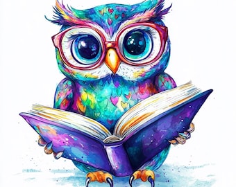 Paquete de 12 imágenes prediseñadas de búhos, imágenes prediseñadas de sublimación de búhos brillantes, búhos coloridos, ilustraciones de búhos, búhos imprimibles, descarga digital, creación de tarjetas PNG, JPJ