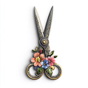 May include: Ornate scissors with a floral design. The scissors have a bronze-colored handle and blades with intricate patterns. Colorful flowers in shades of red, orange, blue, and pink are attached to the handle, adding a decorative touch.