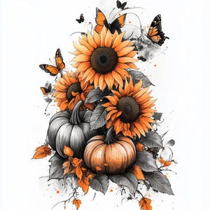 Floral Pumpkin Clipart: Sunflower Autumn Harvest (PNG, JPJ)