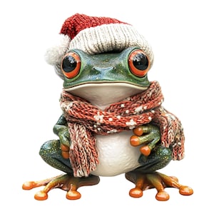 Peut inclure: Une grenouille verte portant un bonnet rouge et blanc en tricot et une écharpe rouge, blanche et marron en tricot. La grenouille est assise sur un fond blanc.