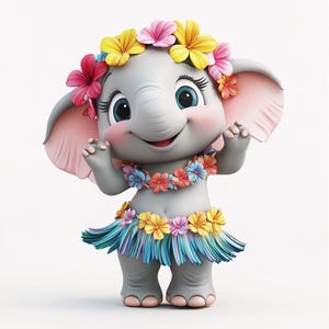 May include: A cute cartoon elephant wearing a flower crown and a colorful lei. The elephant is wearing a blue and green grass skirt with flowers.