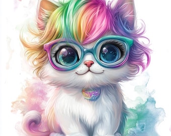 Watercolor Rainbow Kitten Clipart: Colorful Cat PNG, JPG (Digital Printable Art)
