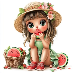 Watermelon Girl Clipart: Summer PNG Watercolor Graphics (Digital File)