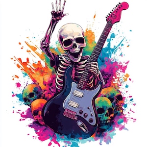 May include: A skeleton playing an electric guitar against a colourful paint splatter background. The guitar is black with a white pickguard and has a pink and white colour scheme. There are several skulls in the background.