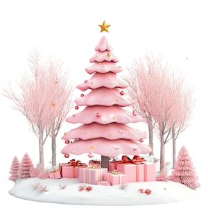 Vintage Pink Christmas Tree Clipart: Holiday PNG Graphics (Commercial Use)