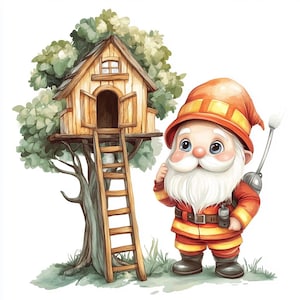 Firefighter Gnome Clipart Set: Watercolor PNG, Digital File