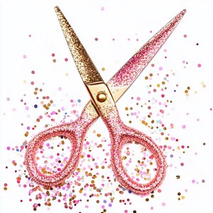 May include: Pink and gold glitter scissors with a white background. The scissors are open and surrounded by pink, gold, and iridescent confetti.