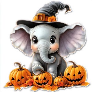 Paquete de 8 lindos elefantes de Halloween, imágenes prediseñadas de elefantes y calabazas, animales aterradores de alta calidad, descarga digital divertida de animales, archivo digital