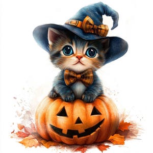 Halloween Cat Clipart: Watercolor Kitten PNG, Scrapbooking (Digital File)