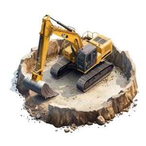 Puede incluir: Una excavadora amarilla con una cabina negra está cavando un agujero en el suelo. La excavadora está en un montículo de tierra con rocas alrededor.