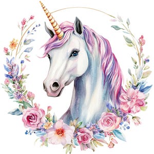 10 Unicorn Watercolor Clipart, png,jpj, Cute Unicorn, Unicorn Png, Floral png, Watercolor Cute Kawaii Unicorn Clipart, Comercial use file