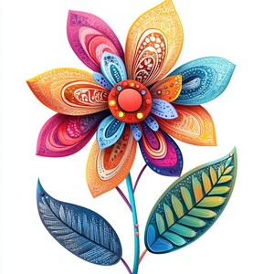 Puede incluir: Una flor colorida e intrincada con un centro rojo y pétalos azules, verdes y naranjas. La flor está en un tallo con dos hojas verdes.