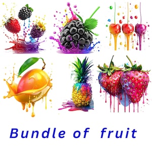 Könnte beinhalten: Ein bunter Obst-Mix mit Farbschleudern. Die Früchte umfassen Erdbeeren, Brombeeren, Kirschen, Mangos und Ananas.