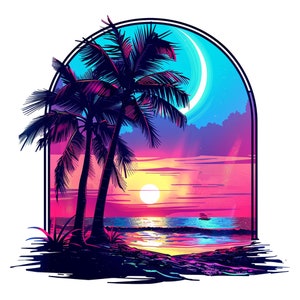 May include: A digital illustration of a tropical sunset with two palm trees in the foreground. The sky is a vibrant blue and pink with a crescent moon. The ocean is a deep blue with waves crashing on the shore. The beach is a golden yellow with a few palm trees in the background.