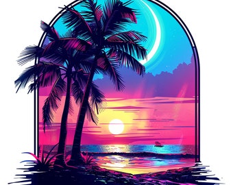 Beach Sunset Palm Tree PNG: Summer T-Shirt Design (Digital Download)