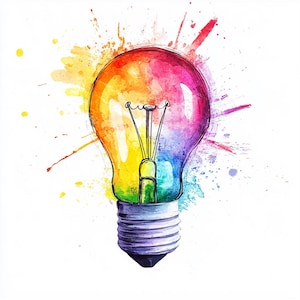 May include: A watercolor painting of a light bulb with a rainbow colored glass. The light bulb is surrounded by colorful watercolor splatters.