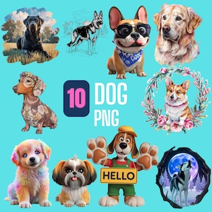 10 Dog PNG Bundle - Cute Cartoon Dog Clipart - Watercolor Dog Sublimation - Pet Lover Digital Art - Puppy Print Design - Instant Download