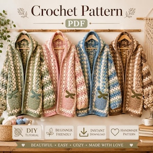 May include: A digital PDF crochet pattern listing featuring four hooded cardigans in green, pink, blue, and brown colourways. Each cardigan displays a granny square stitch pattern, long sleeves, and two front pockets with bow-shaped details.