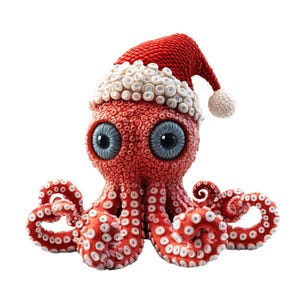 Könnte beinhalten: Ein roter Oktopus, der einen roten und weißen Weihnachtsmann-Hut mit weißen Punkten trägt. Der Oktopus hat große blaue Augen und einen freundlichen Ausdruck.