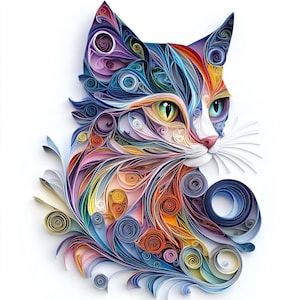 May include: A colorful cat made of paper quilling. The cat's fur is made of intricate swirls of paper in shades of blue, purple, orange, yellow, and green. The cat's eyes are green and blue, and its nose is pink.