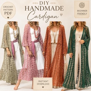 May include: Four women model handmade crochet cardigans in shades of green, pink, orange, and beige. The image includes text that reads "DIY Handmade Cardigan" and "Crochet Pattern PDF". The cardigans are long, open-front designs.