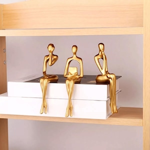 3 Pcs Gold Abstract Thinker Sculptures | Modern Shelf Decor | Elegant Bookend Statues for Office & Home | Unique Gift for Art Lovers