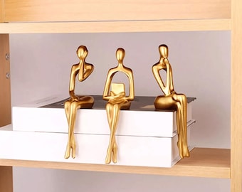 3 Pcs Gold Abstract Thinker Sculptures | Modern Shelf Decor | Elegant Bookend Statues for Office & Home | Unique Gift for Art Lovers