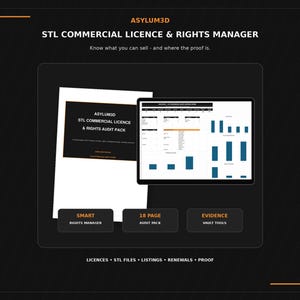 May include: The Asylum3d STL Commercial Licence & Rights Manager digital product features an 18-page audit pack document and a tablet screen displaying data charts. The interface includes buttons for Smart Rights Manager, 18 Page Audit Pack, and Evidence Vault Tools.