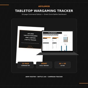 Puede incluir: Un conjunto de seguimiento para juegos de guerra de mesa que incluye un PDF Command Edition de 20 páginas y un panel de batalla Excel inteligente. La portada muestra el texto ASYLUM3D TABLETOP WARGAMING ARMY, CAMPAIGN & BATTLE TRACKER. Formatos A4 y US.