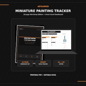Könnte beinhalten: Ein digitales Produktset mit einem schwarz-orangen Tracker für Miniaturmalerei. Enthält ein 18-seitiges Workshop-PDF und ein intelligentes Excel-Dashboard. Das Design zeigt den Text ASYLUM3D, MINIATURE PAINTING TRACKER, 18 PAGE WORKSHOP PDF, SMART EXCEL TRACKER und A4 + US LETTER.