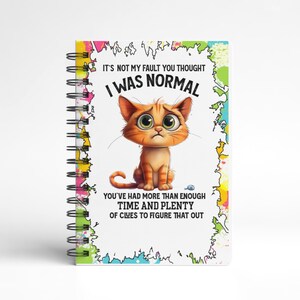 K&ouml;nnte beinhalten: Spiralgebundenes Notizbuch mit farbenfrohem Rand und dem Text "IT'S NOT MY FAULT YOU THOUGHT I WAS NORMAL." Das Cover zeigt eine Cartoon-Katze in Orange mit gro&szlig;en gr&uuml;nen Augen. Der Text "YOU'VE HAD MORE THAN ENOUGH TIME AND PLENTY OF CLUES TO FIGURE THAT OUT" ist ebenfalls vorhanden.