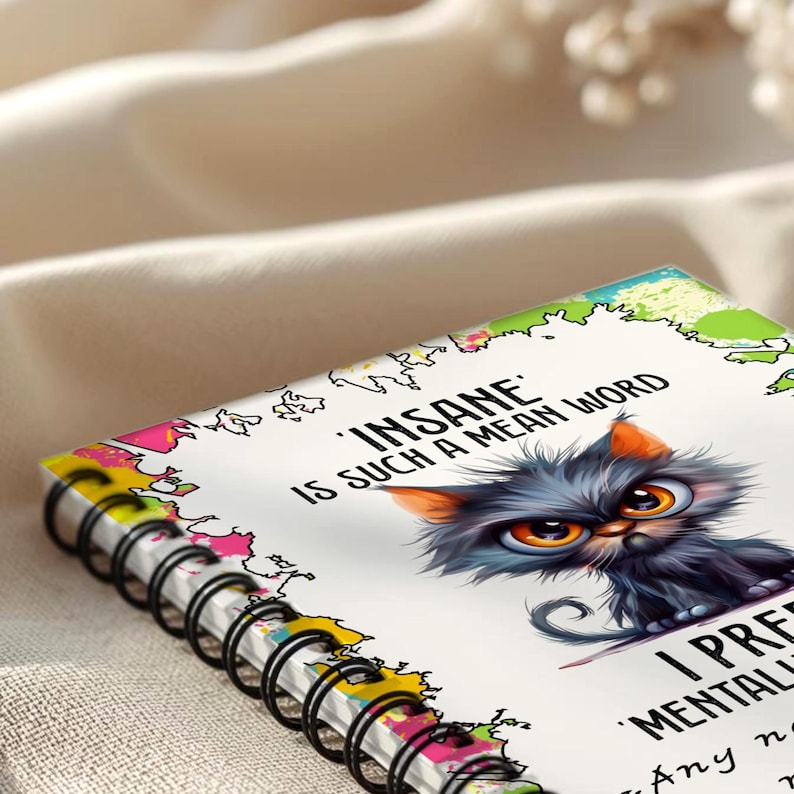 K&ouml;nnte beinhalten: Spiralgebundenes Notizbuch mit farbenfrohem Rand und dem Text "INSANE IS SUCH A MEAN WORD". Das Cover zeigt eine Cartoon-Katze mit gro&szlig;en Augen. Die Bindung des Notizbuchs ist schwarz.